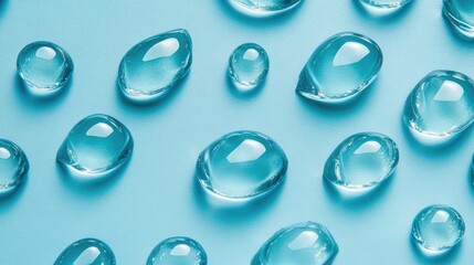 Poster - Large glistening water droplets scattered across a blue background, symbolizing freshness and clarity