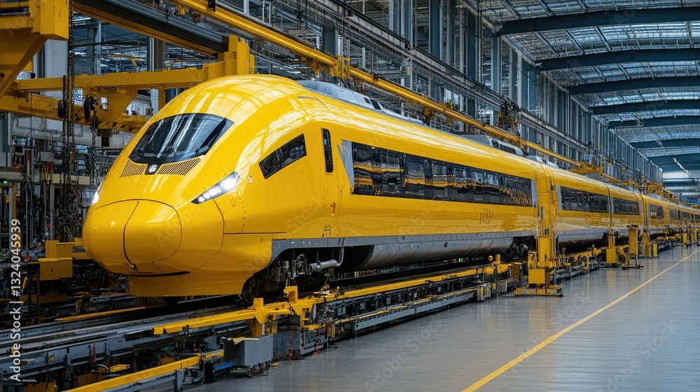 Large-scale train assembly plant, where a yellow high-speed train is ...