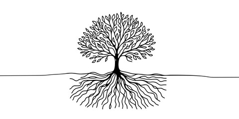 tree in one line. Graphic vector illustration of a continuous line drawing of a tree with roots