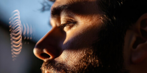 Poster - close-up profile of a man's face in sunlight