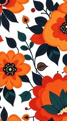 Poster - beautiful orange flowers with lush green leaves in a repeating pattern 