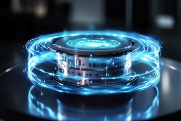 Poster - exciting futuristic energy device generating light and power in a sleek environment
