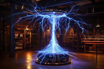 Poster - Spectacular display of electrical arcs in a dimly lit laboratory filled with vintage equipment
