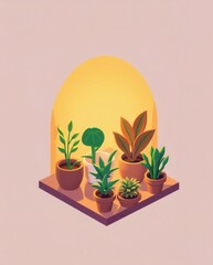 Poster - a cozy arrangement of potted plants, creating a sense of warmth and tranquility. The plants are arranged on a shelf and are bathed in soft light