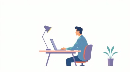 Poster - a person working diligently on a laptop at a desk in a clean office setting with a plant. He is focused on the task at hand.