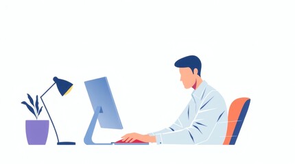 Poster - A man is working on a computer at his desk