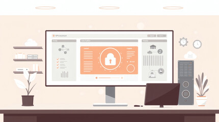 Poster - a computer setup with a secured monitor, desk and some decor around