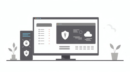 Poster - secure computer system that displays a shield icon on the screen, indicating data safety