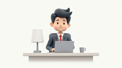 Poster - a cartoon illustration of a man at a desk, working on a laptop, with a lamp and a coffee cup. The man wears a suit and tie, looking focused