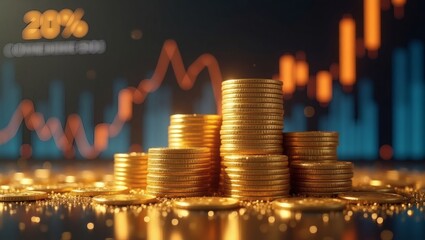 Aufkleber - stacks of golden coins, with financial charts in the background, symbolize wealth and economic growth