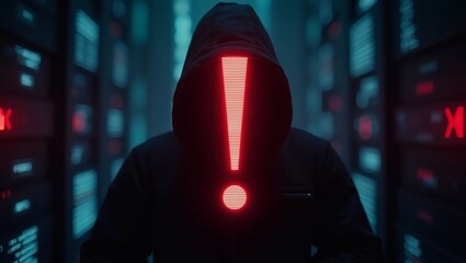 Poster - a mysterious figure in a hooded sweatshirt with a large illuminated exclamation mark. The setting appears to be a digital or tech environment with screens in the background