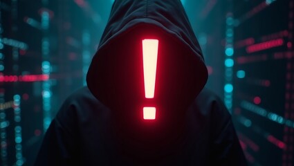 Poster - a hooded figure with an exclamation mark representing data breaches and cyber threat