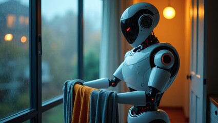 Poster - a futuristic robot is doing laundry beside a window, looking out to a rainy day. The robot is holding a folded towel while looking at a view