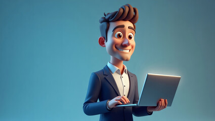 Poster - a cartoon man in a suit smiling while using a laptop, modern business concept