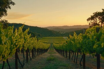 Poster - Vineyard at sunset with rows of lush green vines under a warm orange sky in a serene landscape