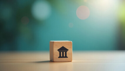Poster - a wooden block with a bank icon on a wooden table, against a soft-focused background