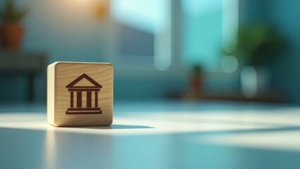 Poster - a wooden block with a bank symbol on it, representing finance and economics. The block sits on a surface with natural light and a blurred interior
