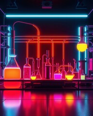 Poster - a futuristic laboratory with colorful neon lights and glass beakers filled with glowing liquids. The scene depicts a cutting-edge science lab, highlighting innovation and experimentation.