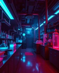 Poster - a futuristic laboratory illuminated by vibrant neon lights, with various equipment