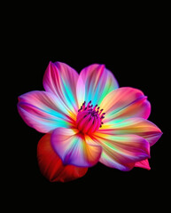 Aufkleber - a vibrant, multi-colored dahlia flower blooming, set against a dark background. The petals display a spectrum of colors
