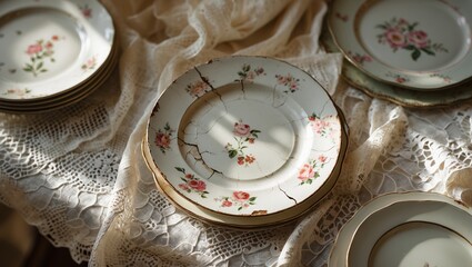 Poster - Vintage floral plates resting on lace fabric under soft natural light in a cozy setting