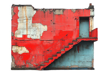 Poster - An abstract view of a damaged red and blue wall with an attached staircase, showcasing unique textures and colors on a white isolated background.