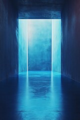 Poster - Serene blue corridor with illuminated walls and reflective floor