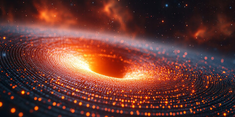 Poster - In a cosmic landscape, a swirling black hole emits fiery sparks and vibrant colors.