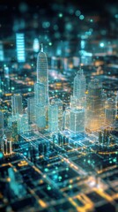 Poster - A vibrant, futuristic city skyline at night, illuminated by neon lights, showcasing advanced architecture and bustling activity