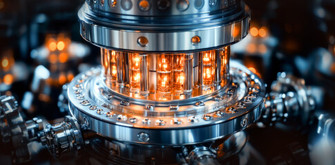 Fototapete - A complex setup of glowing quantum components illustrates qubits, superposition, and entanglement, optimizing algorithms and datasets.