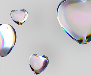 Poster - Hearts made of iridescent glass hover elegantly against a soft background, reflecting light in a captivating spectrum of colors. This 3D illustration conveys a sense of beauty and delicacy.