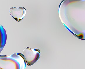 Poster - Hearts made of iridescent glass hover elegantly against a soft background, reflecting light in a captivating spectrum of colors. This 3D illustration conveys a sense of beauty and delicacy.
