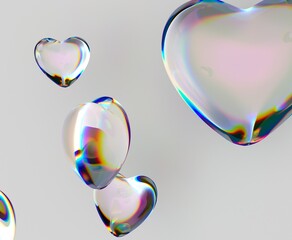 Poster - Hearts made of iridescent glass hover elegantly against a soft background, reflecting light in a captivating spectrum of colors. This 3D illustration conveys a sense of beauty and delicacy.