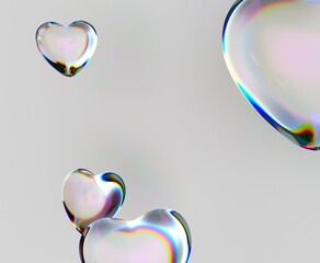 Poster - Hearts made of iridescent glass hover elegantly against a soft background, reflecting light in a captivating spectrum of colors. This 3D illustration conveys a sense of beauty and delicacy.