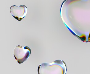 Poster - Hearts made of iridescent glass hover elegantly against a soft background, reflecting light in a captivating spectrum of colors. This 3D illustration conveys a sense of beauty and delicacy.