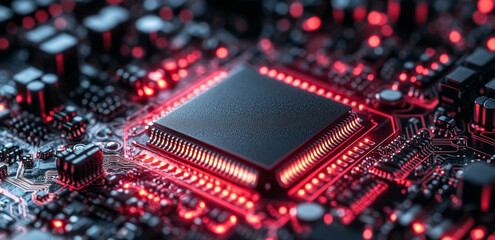 Fototapete - A quantum computing chip is positioned at the center of a complex circuit board, illuminated by vibrant red lights. The detailed arrangement of components showcases advanced technology.