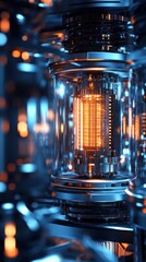 Poster - Close-up view of a futuristic quantum processor with glowing elements, showcasing advanced technology in a high-tech environment
