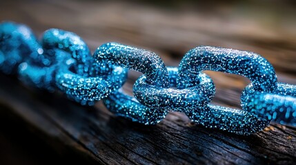Poster - Strong metal chain laying on rustic wooden table symbolizing security in blockchain technology and digital transactions
