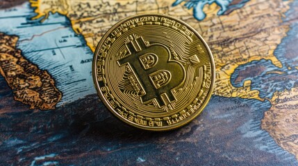 Poster - Golden bitcoin resting on a geographical map symbolizing the global impact of cryptocurrency and blockchain technology