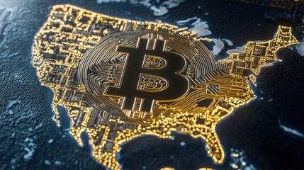 Poster - Geographical map featuring a bitcoin coin to illustrate the intersection of cryptocurrency and blockchain marketplace