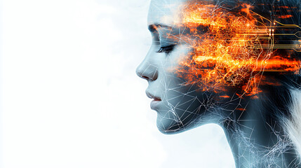 Poster - Exploring the fusion of artificial intelligence and human emotion digital art futuristic environment profile view conceptual visualization