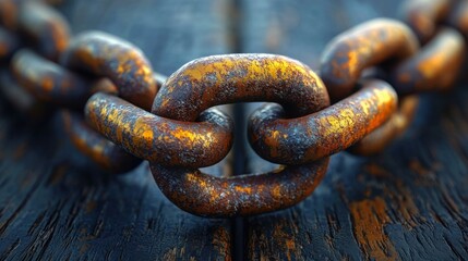 Poster - Close-up of a rusty chain resting on a wooden surface symbolizing strength and resilience in blockchain security systems