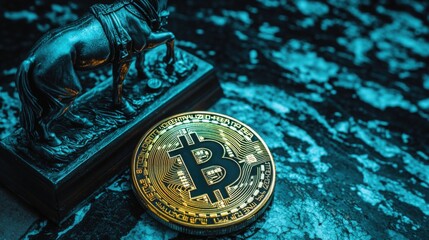 Poster - Close-up of a bitcoin on a table representing cryptocurrency and blockchain trading in the digital financial landscape