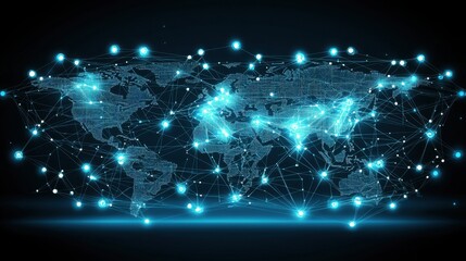 Poster - World map featuring dots and lines representing global connectivity and blockchain trading platforms across different regions