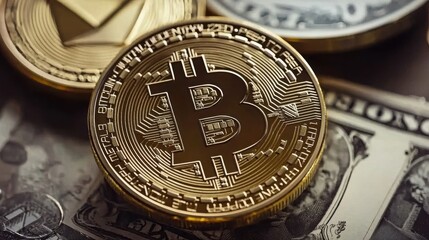 Aufkleber - a bitcoin coin positioned on a pile of dollar bills demonstrating the relationship between bitcoin a
