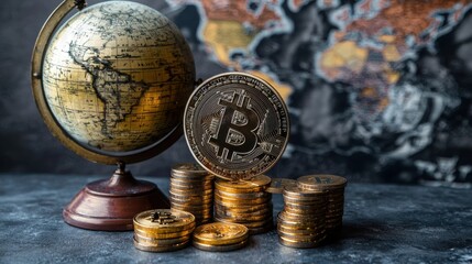 Poster - A globe surrounded by various coins representing global crypto market analysis and financial trends across borders