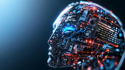 Poster - Futuristic robot head tech lab digital art high-tech environment close-up viewpoint ai conceptualization