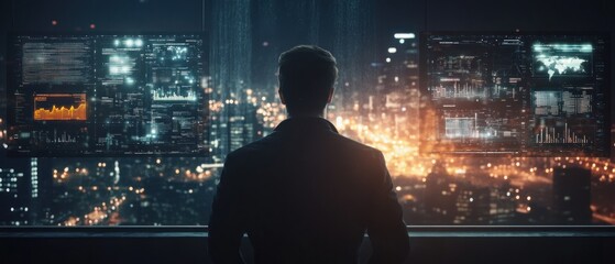 Poster - business professional analyzing city data at night with screens