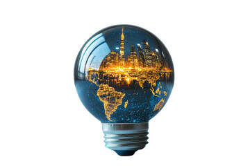 Poster - Innovative light bulb showcasing world map with vibrant city lights. Ideal for concepts of energy efficiency and global connectivity.
