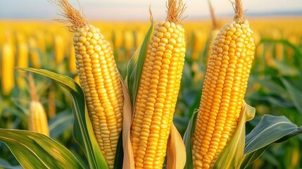 Poster - Golden corn cobs thrive under warm evening sunlight in a vast agricultural field